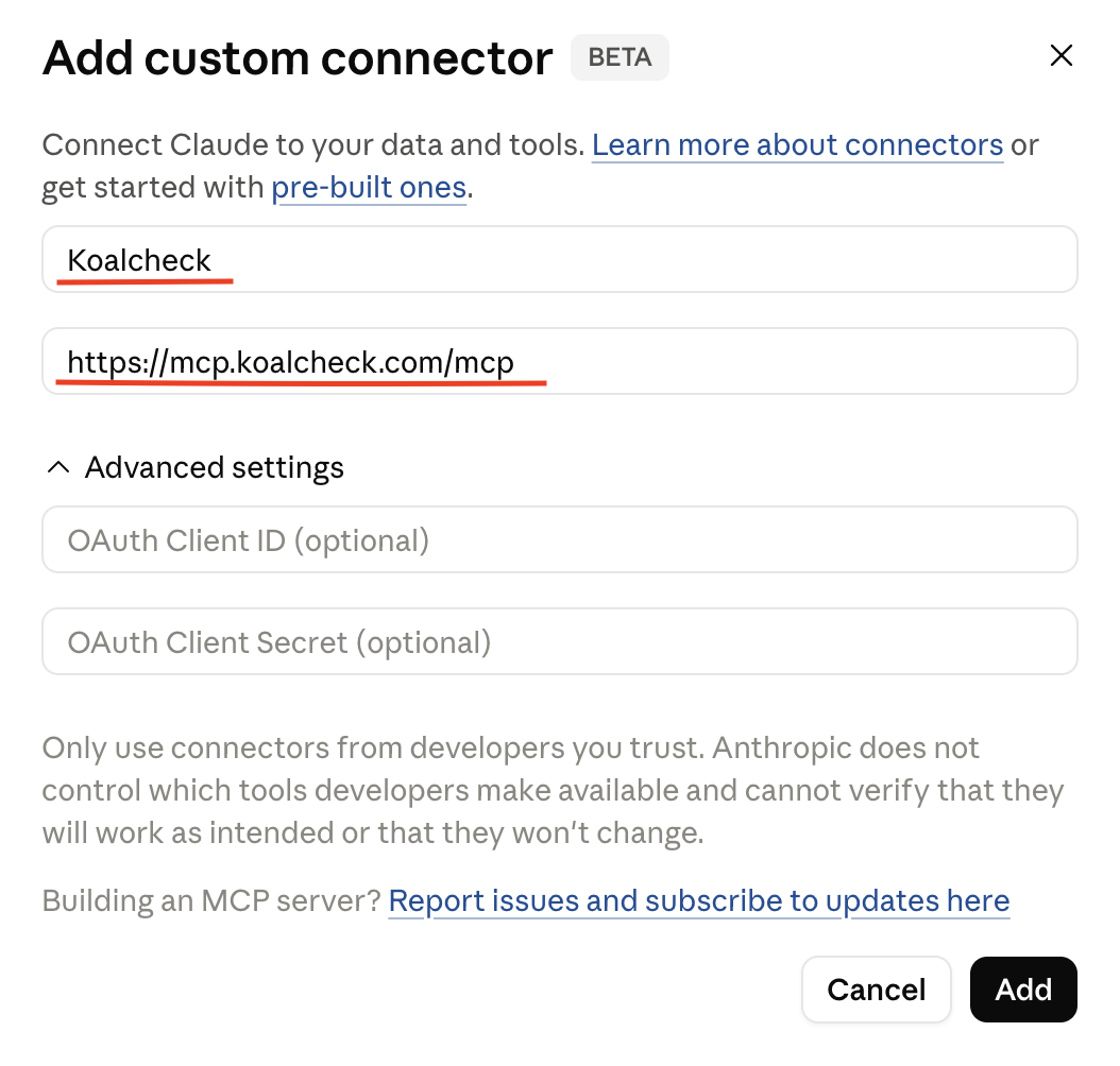 Add custom connector dialog — Name = koalcheck, URL = https://mcp.koalcheck.com/mcp, both OAuth fields left blank